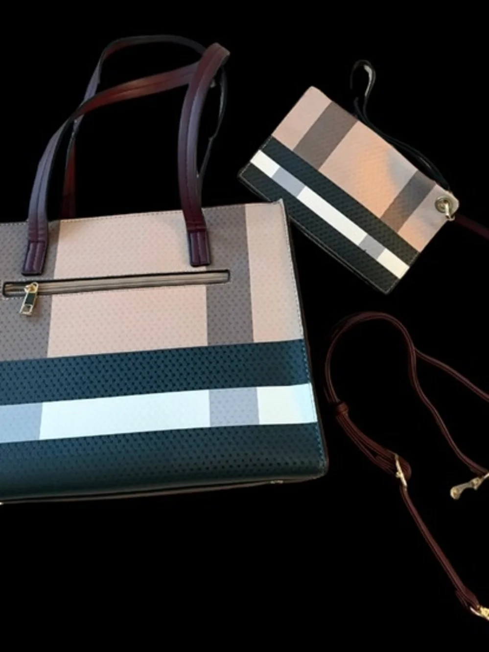 Burgundy and Beige Striped Tote with Tassel Accent